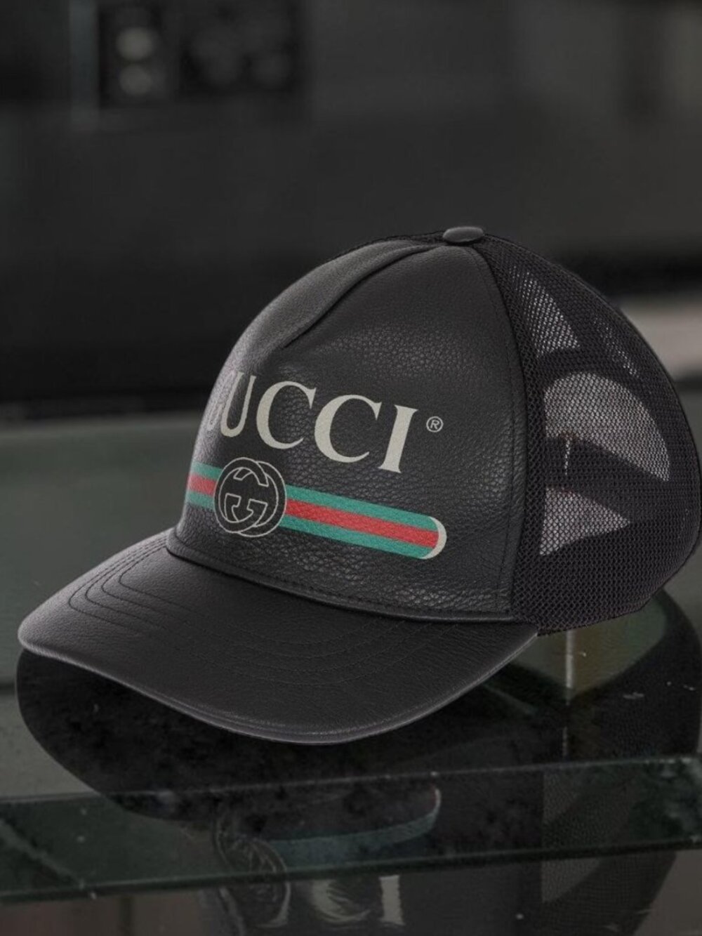 Black Leather GUCCI Baseball Cap / Trucker Hat Crypto Mesh W/ Dust Bag Size M